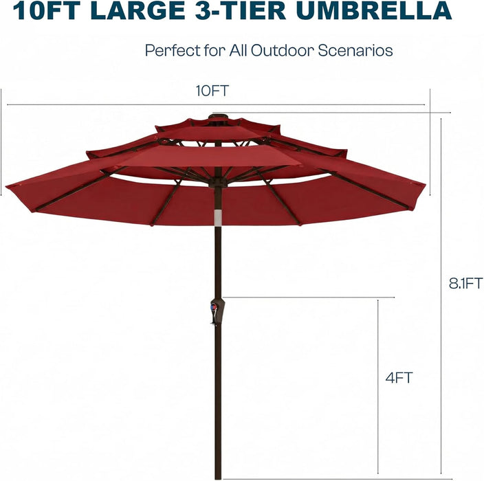10Ft Patio Umbrella, 3 Tier Outdoor Market Table Umbrellas with 8 Fiberglass Ribs and Push Button Tilt, Windproof, Vented Canopy, UV Protection for Deck, Pool, Backyard, Red