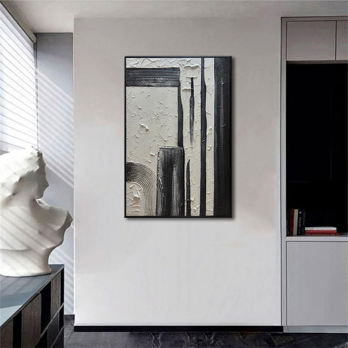 Hand Painted Black and White Textured Wall Art Black Framed Abstract Oil Paintings on Canvas Large Texture Minimalism Artwork for Home Decorations
