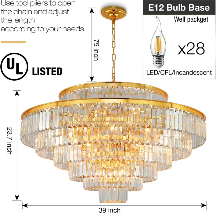 Crystal Chandeliers Modern Style Gold 39 Inch & Lights round Hanging Classic, Pendant Ceiling Chandelier Lighting Fixture 7-Tier for Dining Room Living Room