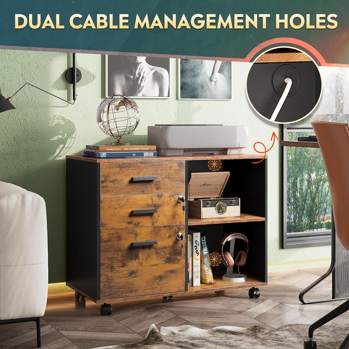 3-Drawer Wood File Cabinet with Lock, Mobile Lateral Filing Cabinet, Printer Stand with Open Storage Shelves for Home Office, Rustic Brown