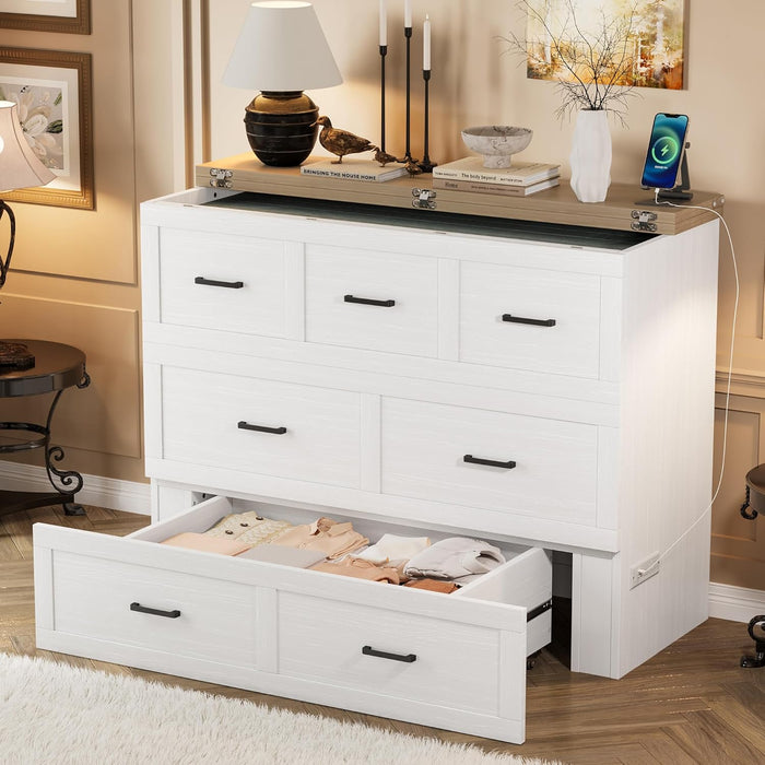 Murphy Bed Full Size,Hideaway Wall Cabinet Bed with Charging Station and 1 Large Storage Drawer,Multi-Functional Foldable Platform Beds Frame,Can Be Folded,For Apartment,Bedroom,White