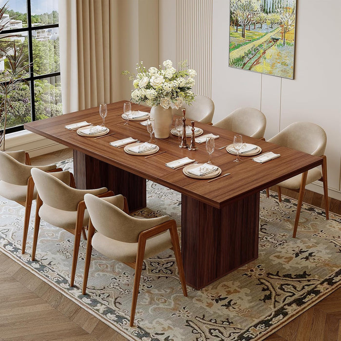 78 Inch Rectangular Dining Table for 6-8 People, Large Modern Farmhouse Kitchen Table with Grooved Wood-Strip Base, Perfect for Dining Room or Family Gathering, Walnut