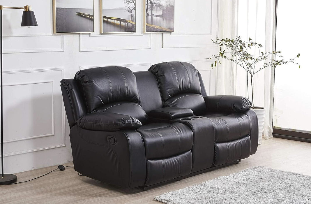 3PC Bonded Leather Reclining Sofa Chair Set Living Room Set Sofa Loveseat Glider Chair 8018 Multiple Colors (Black)