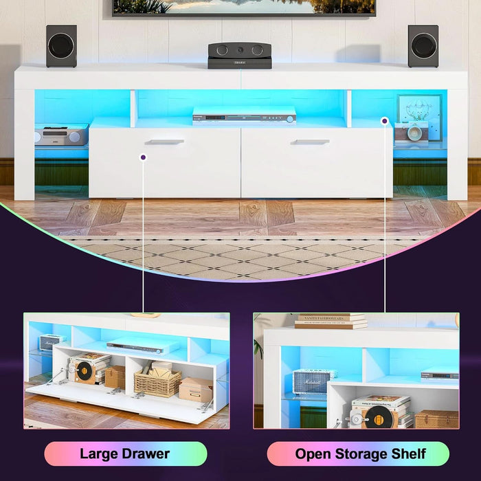 Modern Lighting 63 Inch TV Stand with Large Storage Drawer for 50 55 60 65 70 75 Inch Tvs, TV Console with 20 Color LED Lights, Entertainment Center Media and Open Shelf for Bedroom, White
