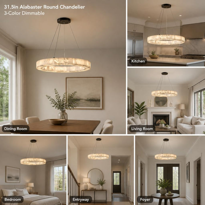 Alabaster round Chandelier, 31.5In Spanish Natural Marble Pendant Light, Dimmable 3-Color Modern Marble Chandelier for Dining Room, Living Room, Bedroom, Bathroom & Foyer