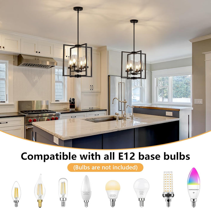 Black Chandeliers for Dining Room, 4-Light Entryway Chandelier for Foyer, 15.7" Hanging Kitchen Light Fixtures Geometric Modern Farmhouse Chandelier for Entryway Hallway Living Room Stairway
