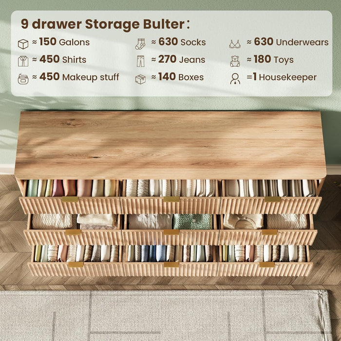 63" Wide Fluted 9 Drawers Dresser for Bedroom,Curved Edge,Oak