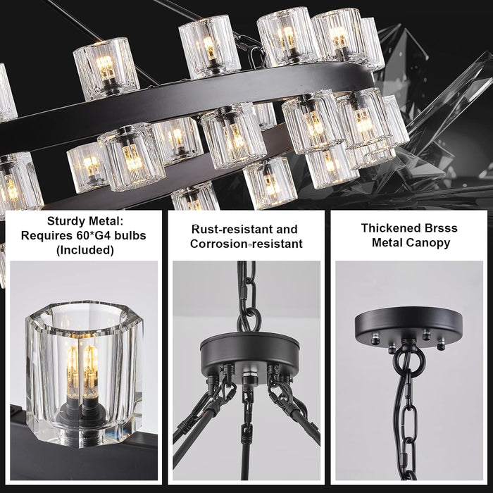 60 Inch Black Wagon Wheel Chandelier with Crystal Shade, 60 Lights, Large round Modern Farmhouse Style, Perfect for High Ceiling, Dining Room, Kitchen, Entryways, Foyer