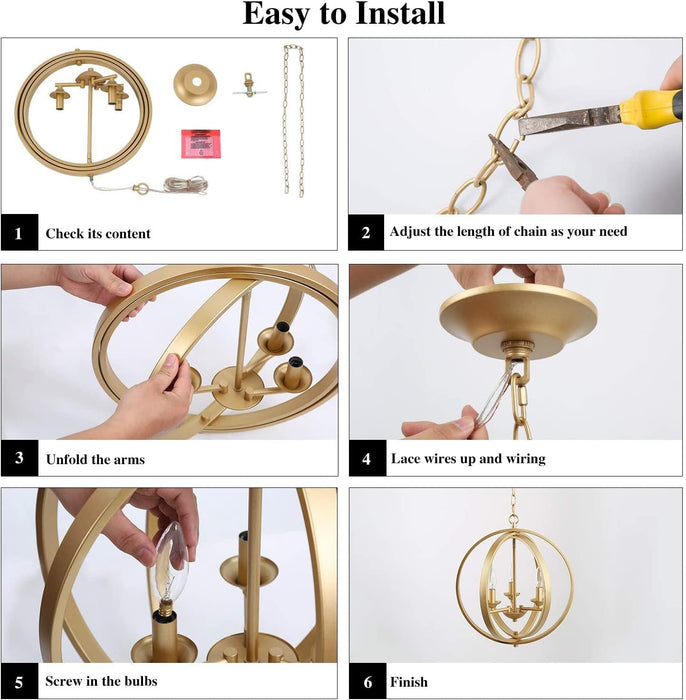 Gilded Orbital Chandelier Three Light Pendant Fixture