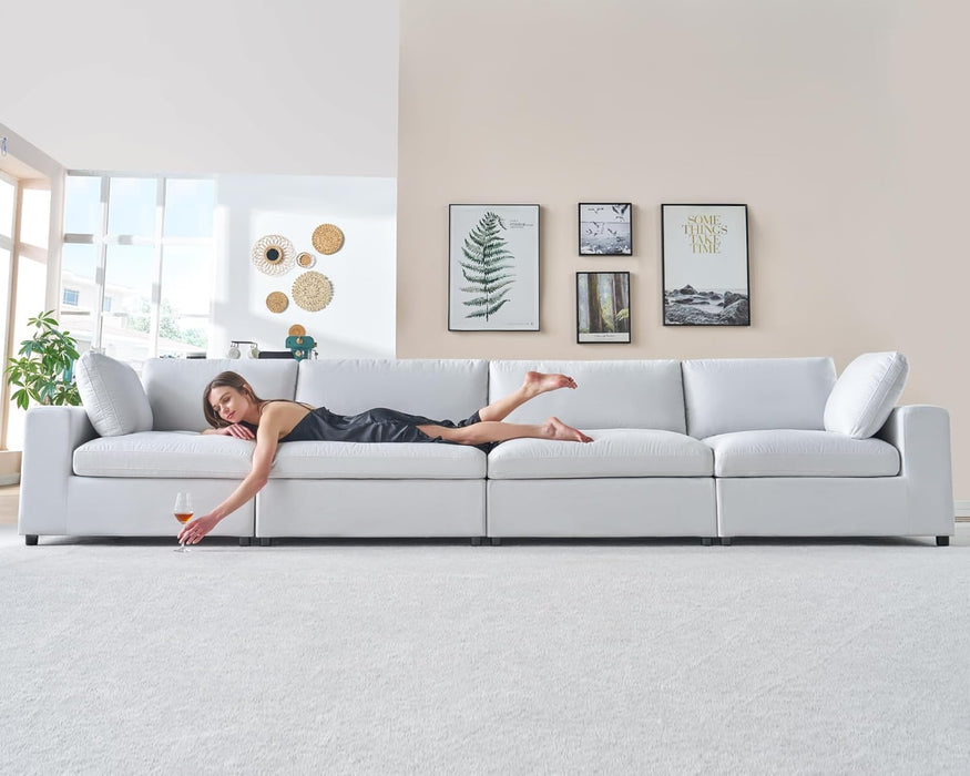 Modular Sectional Sofa, 114 Inches Oversized down Filled Sectional Sofa, 4 Seats L Shaped Comfy Couch with Chaise, Ottoman, Could Sofa for Living Room, White Linen Couch Set