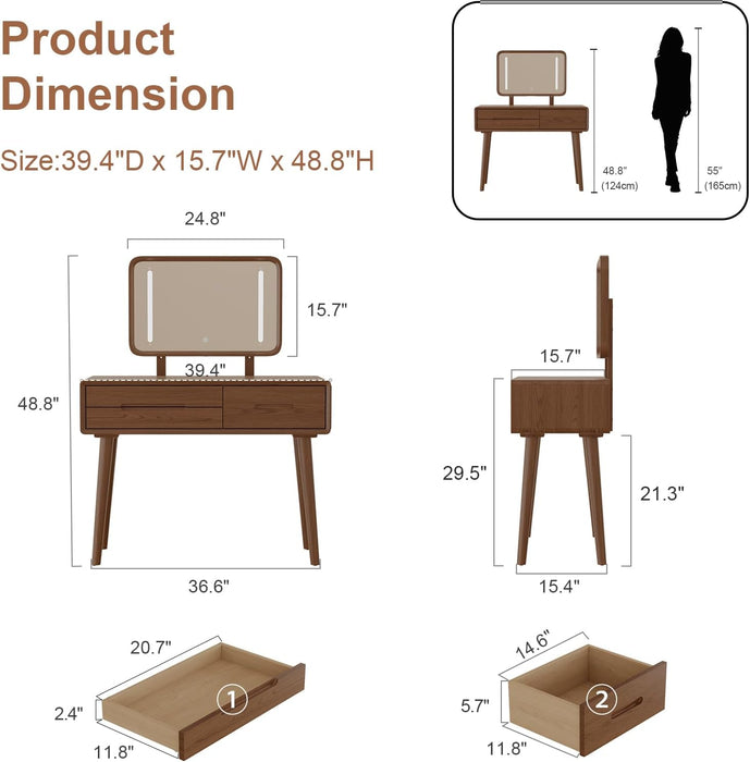 Solid Wood Vanity Desk with Mirror and Lights,Adjustable Height and Brightness, Makeup Vanity with 3 Drawers,Semi-Assembled,Dressing Table for Bedroom (Walnut)