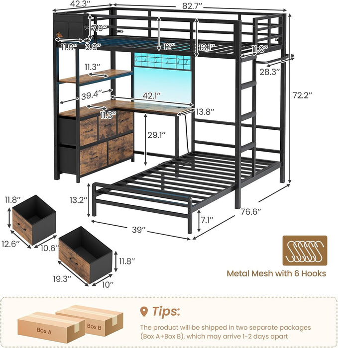 Black ExtraLongXL Over Twin Bunk Bed WithLEDLightingStorage