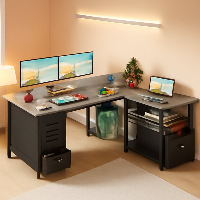 L Shaped Computer Desk with 6 Drawers & Power Outlet, 55 Inch Corner Desk with Reversible Storage Shelf & File Drawer, Home Office Desk, Grey Oak