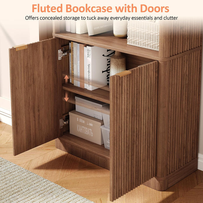 72'' Tall Bookshelf with Doors, 5-Tier Wooden Storage Bookcase with Fluted Doors & Side Panels, Adjustable Shelf, Gold Handles for Living Room, Bedroom, Home Office, Dark Walnut