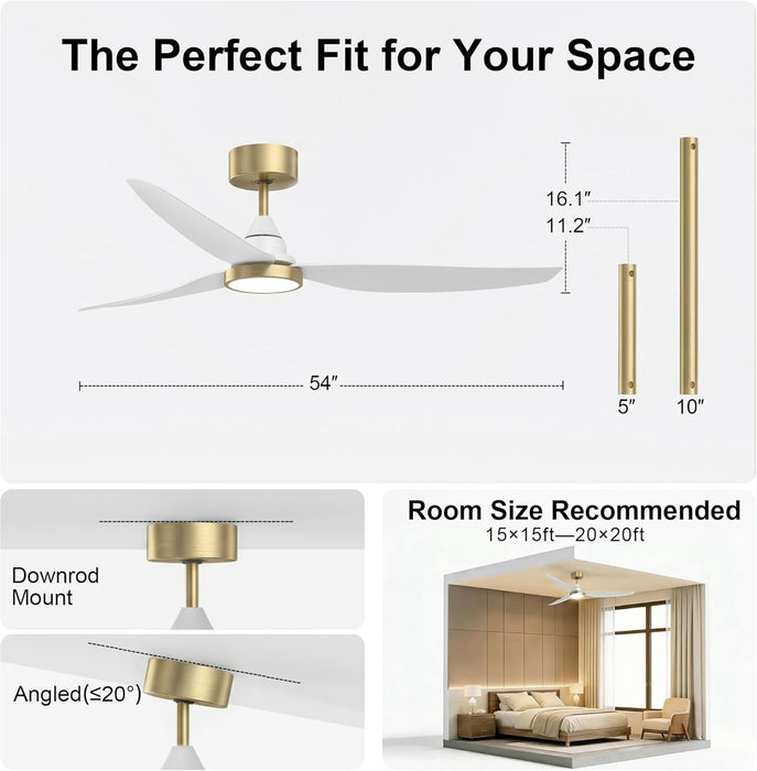 54" Ceiling Fan with Light & Remote Control, Quiet Reversible DC Motor, 6-Speed, 3CCT Dimmable LED, Indoor Ceiling Fans for Bedroom Living Room Dining, by GRANDJOY