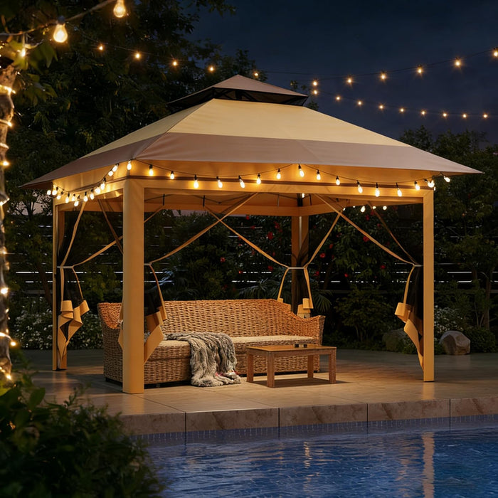 13X13 Pop up Gazebo, Instant Outdoor Gazebo with Mosquito Netting, Vented Roof and Carry Bag for Patio, Garden & Backyard - Beige & Coffee