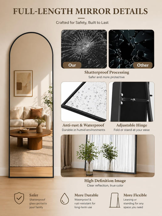 Full Length Mirror, Arched Floor Mirror Freestanding, Floor Standing Full Body Mirror with Stand for Bedroom, Hanging Mounted for Living Room Cloakroom