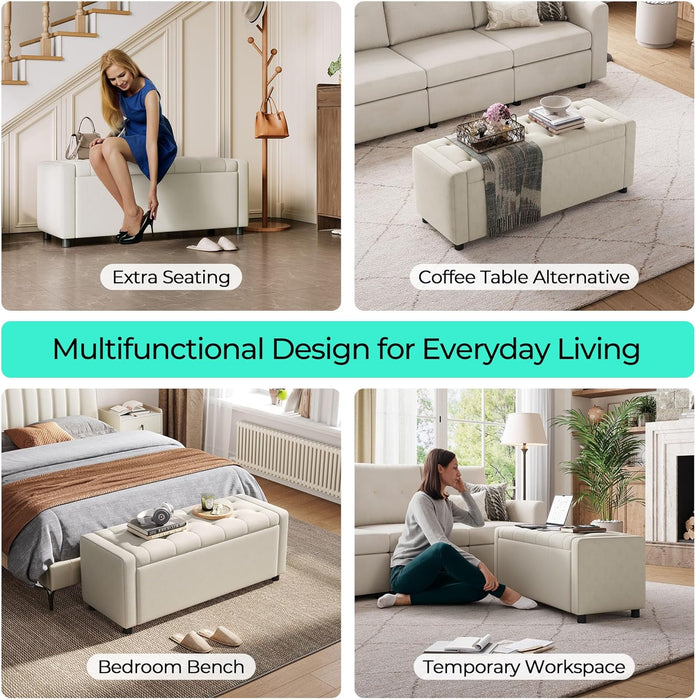 50 Inches Wide Storage Ottoman Bench, Upholstered Foot Rest Stool, Long Bench Footstool, Couch Ottoman, Ottomans for Living Room, Entryway, End of Bed Storage Bench for Bedroom (Beige)