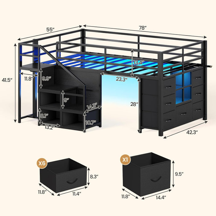 Low Loft Bed Twin Size with Stairs & LED Lights, Kids Loft Bed with 7 Storage Drawers & 3 Open Cubbies & Handy Clothes Rail, Twin Loft Bed with Safety Guardrail, Under-Bed Play Area, Black