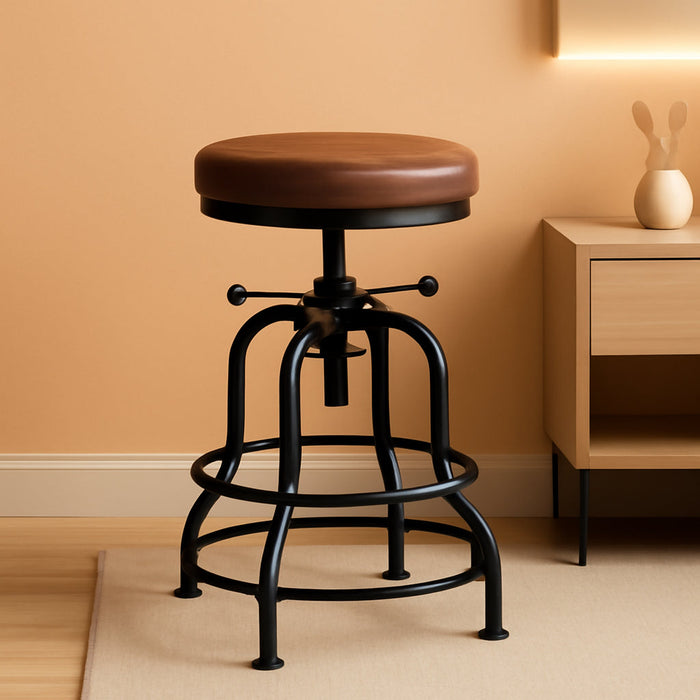 Industrial Bar Stool Vintage Counter Height Stool with round Faux Leather Seat Metal Stool Adjustable Kitchen Stool 21.5-28 Inch Tall Brown, 1PCS