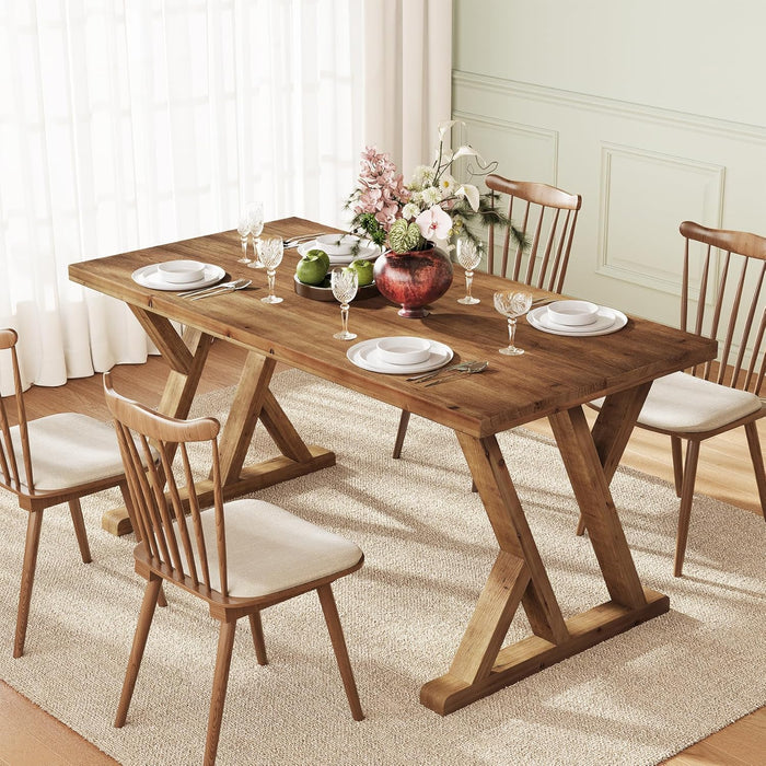 Solid Wood Dining Table for 4-6 People, 63 Inches Wooden Farmhouse Rectangular Kitchen Dinner Table with Heavy-Duty Legs for Home, Living Room, Dining Room, Rustic Brown