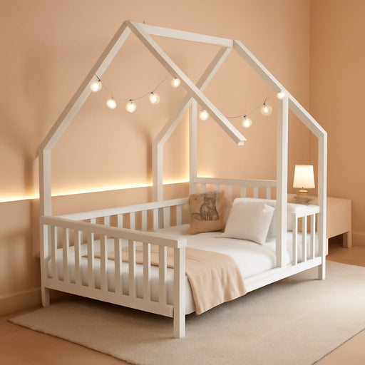 Twin White Montessori House Floor Bed IntegratedFence