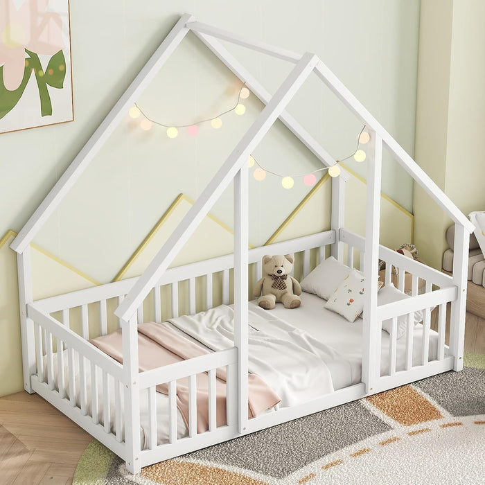 Twin White Montessori House Floor Bed IntegratedFence