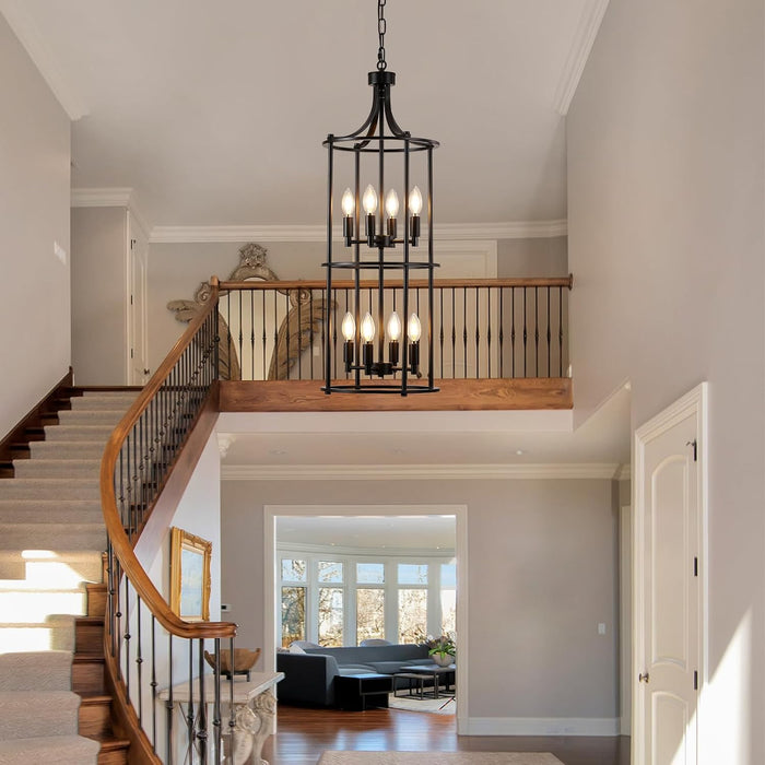 Foyer Chandeliers for High Ceilings, Lantern Tiered Black Chandelier Light Fixture Metal Modern Farmhouse Pendant Lights for Kitchen Island Entryway, Staircase, Living Room, Dinning Room