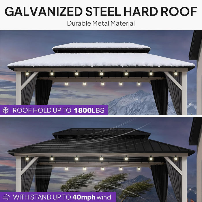 8' X 12' Outdoor Gazebo Galvanized Steel Double Roof White Aluminum Frame Hardtop Heavy Duty Gazebo with Curtain and Netting for Patio Garden and Backyard, Grey