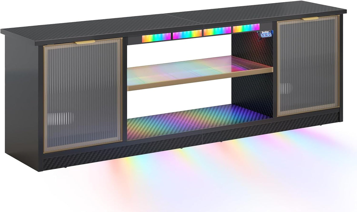 Gaming TV Stand with Music Sync Light, Flow Vibe Entertainment Center with Storage for PS5 Xbox, RGB LED Party Modes Television Stands for 50/55/60/65 Inch TV (Black 3D Carbon Fiber, 57 Inch)