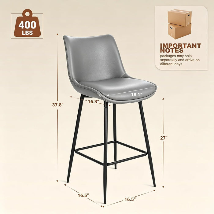 Counter Height Bar Stools Set of 3, FSC Certified Upholstered Faux Leather Barstools with Back, Metal Base, 27" Seat Height, Modern Upholstered Counter Stools for Kitchen Island,(Gray)