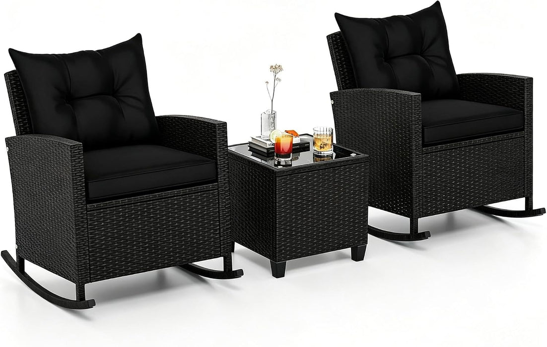 3 Pieces Patio Rocking Chair, Black Wicker Bistro Set (Black)