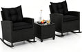 3 Pieces Patio Rocking Chair, Black Wicker Bistro Set (Black)