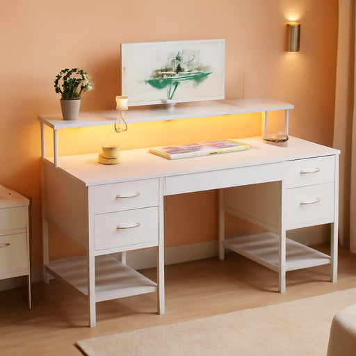 47 Inch Computer Desk with 4 Drawers, Gaming Desk with LED Lights & Power Outlets, Home Office Desk with Large Storage Space for Bedroom, Work from Home, White