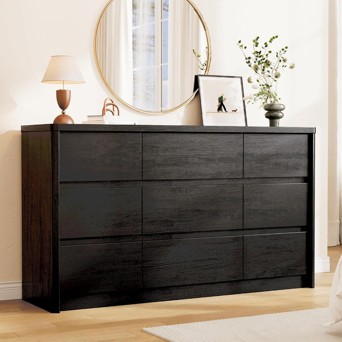 Black Dresser for Bedroom, 55" Wide Mid Century Modern Chest of Drawers with 9 Large Storage Space and Curved Edge Design, 9 Drawer Large Dresser for Bedroom