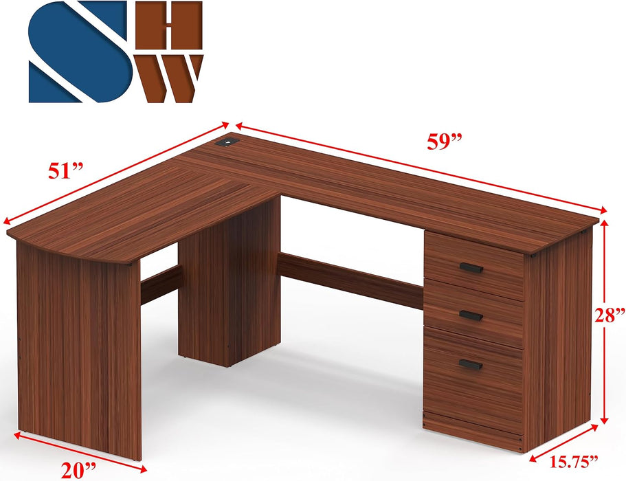 51 X 59 Inches L-Shaped Home Office Wood Corner Desk with Box Box File Drawers, Walnut