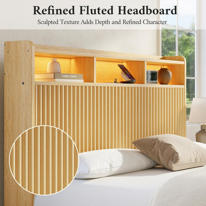 Full Size Bed Frame with Headboard and Storage Drawers, Full Platform Bed Frame with LED Lights and Charging Station, Fluted Wood Grain Design, No Box Spring Needed, Oak