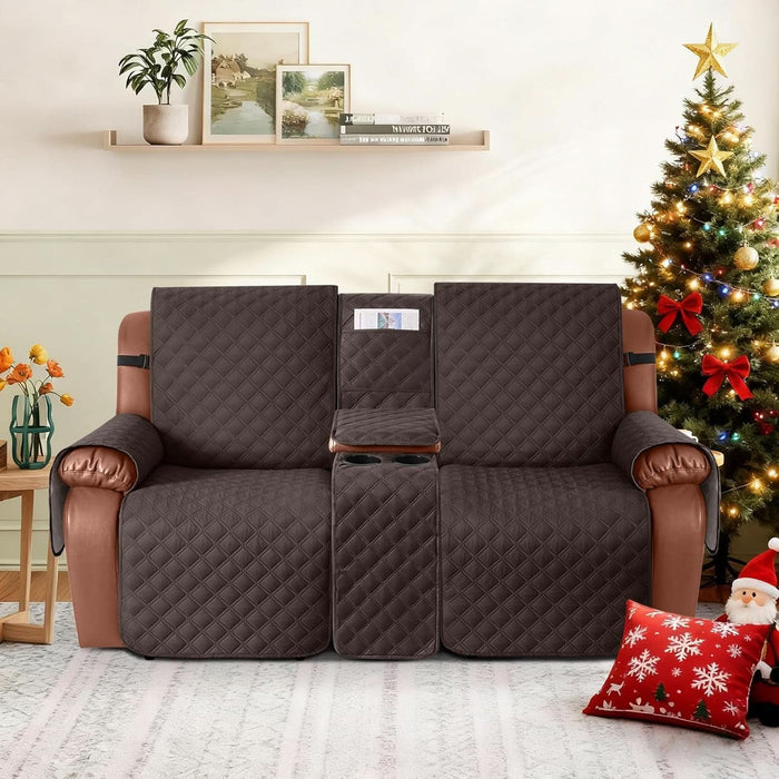 Waterproof Loveseat Recliner Cover with Console Non-Slip Reclining Couch Covers Split Sofa Slipcovers with Elastic Straps for Kids, Dogs, Pets (Chocolate, 2 Seater)