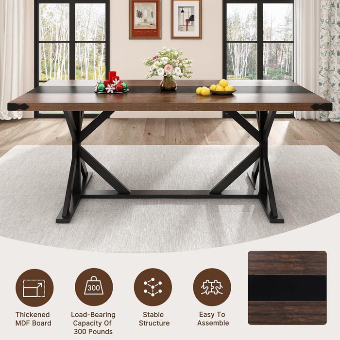 71 Inch Dining Table for 6 People, Rectangular Kitchen Farmhouse Table W/Thickness Waterproof Wood Tabletop,Long Dining Room Tables W/Wood Strip Base for Kitchen Living Room(Brown&Black)