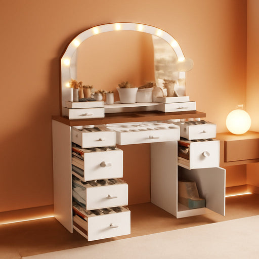 Amberhaus Farmhouse Vanity Desk With Mirror Lights