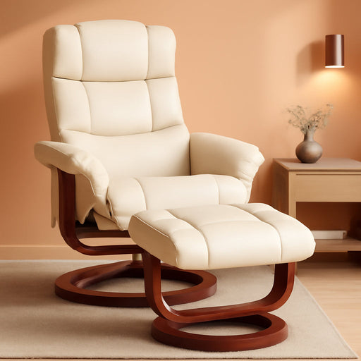 Massage Recliner Chair with Ottoman, Swivel Recliner and Footrest, Faux Leather Reclining Chair with Remote Control and Side Pocket, Cream White