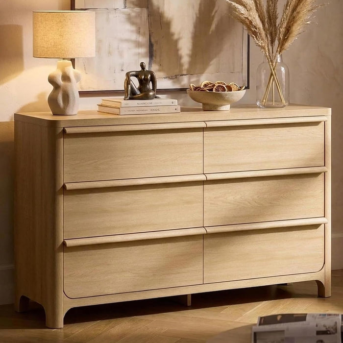 6 Drawer Dresser for Bedroom, 57" Wide Chest of Drawers, Natural