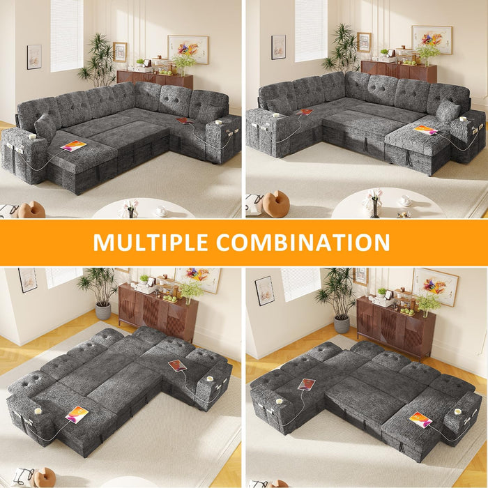 Modular Sectional Sleeper Sofa with Pull Out Bed, 108 Inch U Shaped 7 Seat Couches for Living Room, Chenille Fabric Cloud Couch Bed with Storage & Reclining Backrest, USB Charging, Grey
