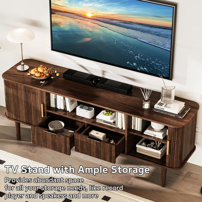 62.4 Inch Fluted TV Stand, Modern Media Console Table with Sliding Tambour Door Farmhouse Sideboard Buffet Cabinet Fits Tvs up to 75 Inch, Wood Entertainment Center for Living Room(Dark Wood)
