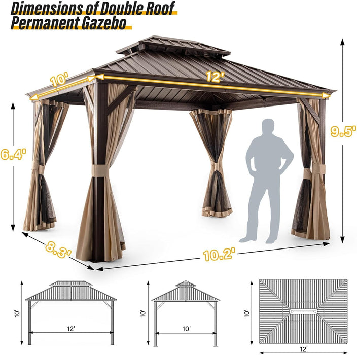 10'X12' Hardtop Gazebo with Nettings and Curtains, Waterproof Permanent Heavy Duty Double Hard Roofs Gazebos with Brown Aluminum Frame for Lawn, Party