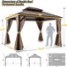 10'X12' Hardtop Gazebo with Nettings and Curtains, Waterproof Permanent Heavy Duty Double Hard Roofs Gazebos with Brown Aluminum Frame for Lawn, Party