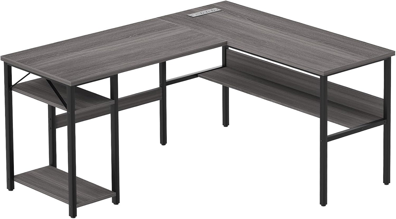 Reversible L Shaped Desk with Magic Power Outlets and USB Charging Ports, Sturdy Corner Computer Desk with Storage Shelves, Gaming Table Home Office Desk, Easy to Assemble, Enoch Walnut