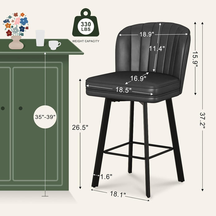 Swivel Counter Height Bar Stools Set of 4, 26'' Modern Barstools with Backs and Metal Legs, Upholstered Bar Chairs, Faux Leather Black Stools for Kitchen Island Chairs