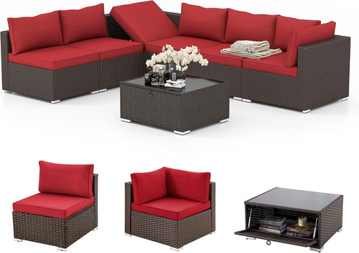 7 Piece Patio Furniture Set with Adjustable Bracket All-Weather Wicker Conversation Set with Coffee Table for Porch Garden Backyard (Wine Red)