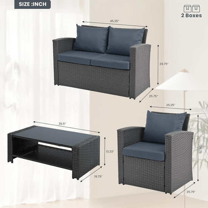4 Pieces Patio Furniture Set, Outdoor Wicker Conversation Furniture Sets with Sofa, 2 Chairs and Coffee Table, Outdoor Loveseat with Soft Cushion for Garden, Balcony, Pool, Backyard, Grey